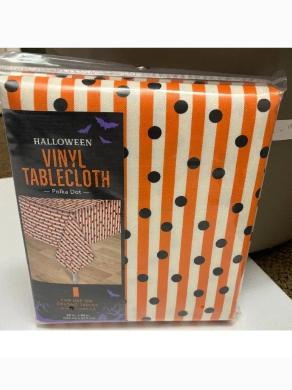 Halloween Tablecloth Vinyl Orange White Black Striped Polka Dot Oblong 60"x84"